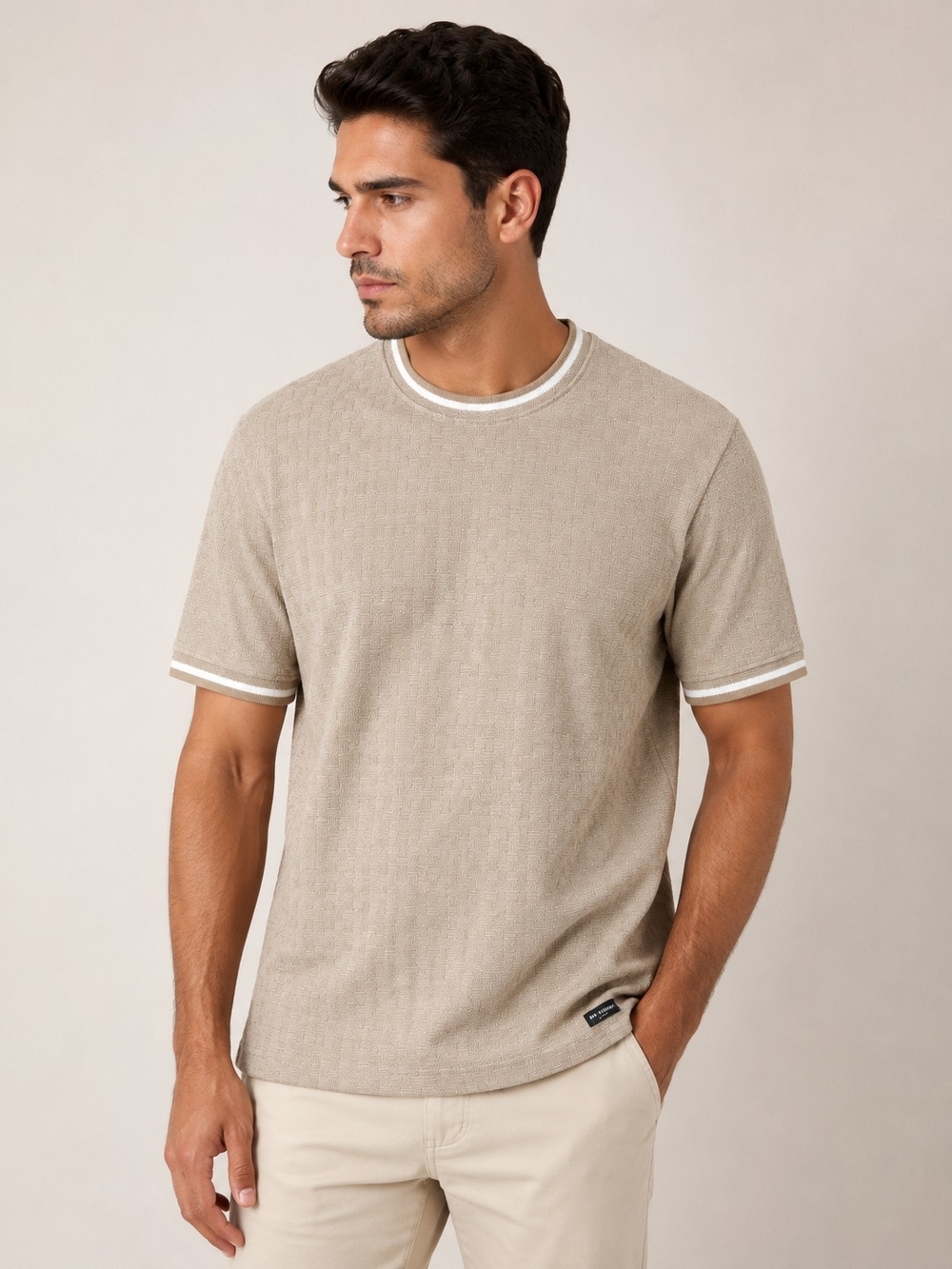 🆕️Ben Sherman Men’s Beige Textured Checkered Crew Neck T-Shirt Large Mod Casual